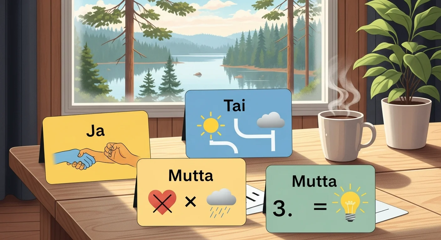 Colorful flashcards showing the Finnish words 'Ja', 'Tai', 'Mutta' with simple illustrations representing 'and', 'or', 'but', alongside example sentences.