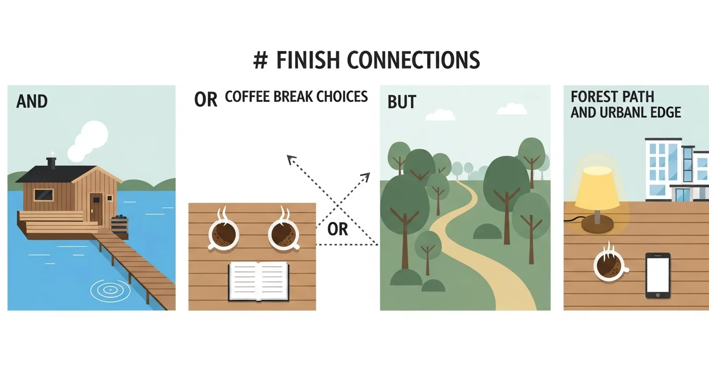 Illustration of Finnish culture elements connected by conjunctions Ja, Tai, Mutta