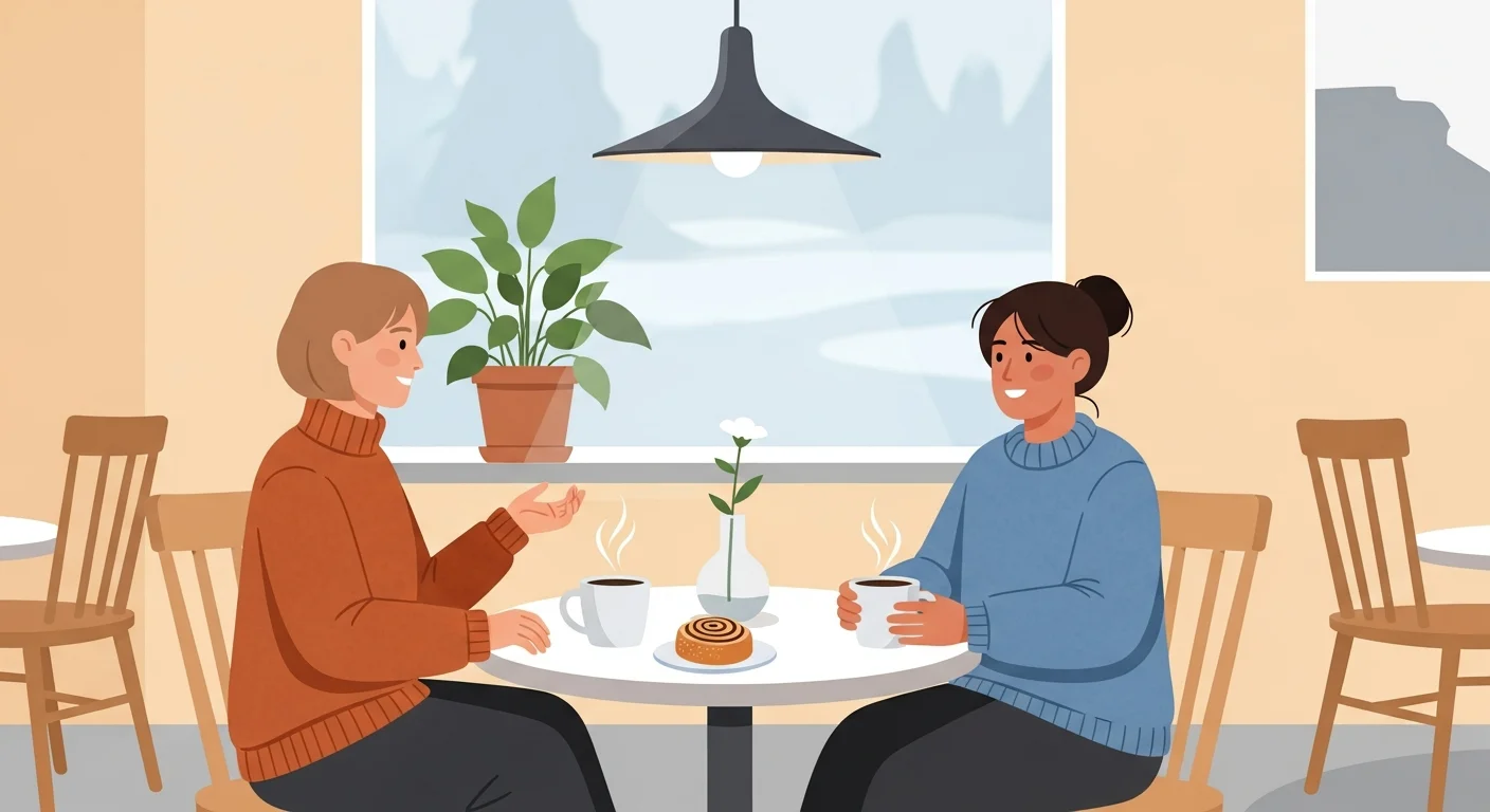 Illustration of two people discussing well-being in Finnish