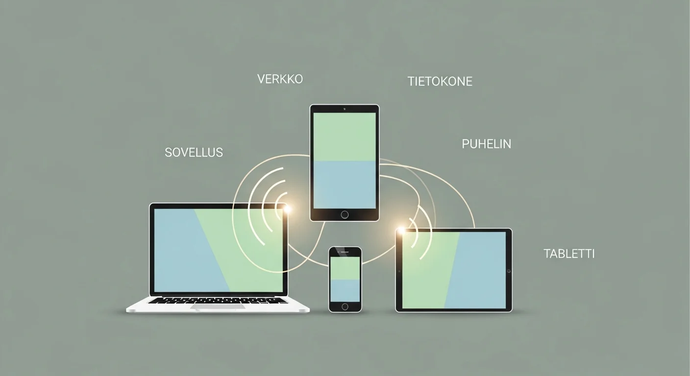 A stylized illustration of a laptop, smartphone, and tablet connected by glowing lines representing Wi-Fi signals, with Finnish tech words floating around them.