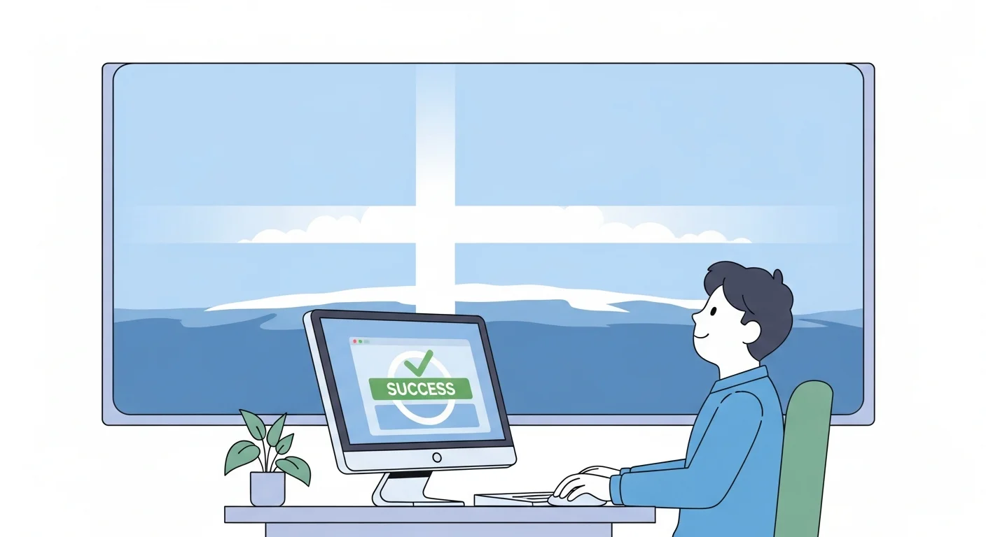 A cheerful illustration of a person successfully using a digital public service on their computer, with a Finnish flag subtly integrated into the background.