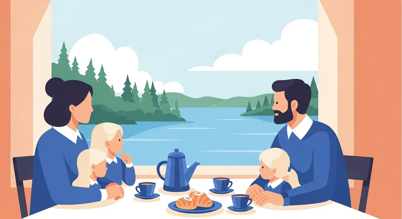 A warm illustration showing a Finnish family gathered around a table with coffee and pastries, looking out at a serene lake view.