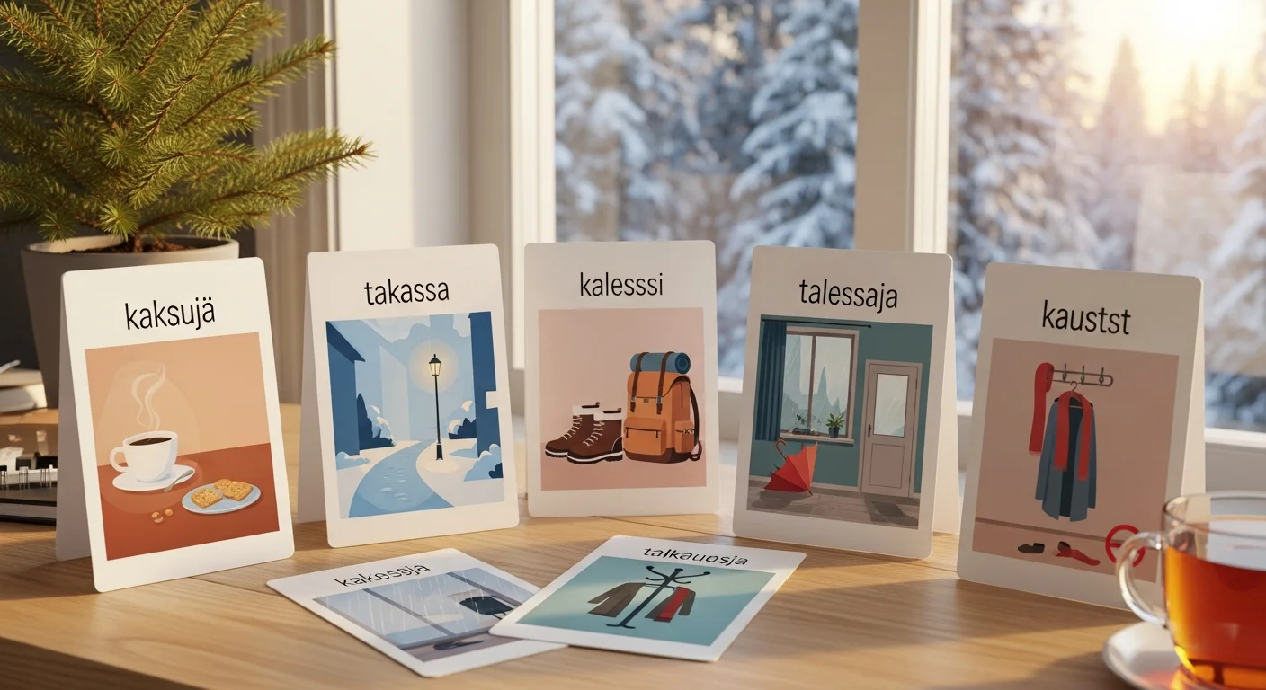 Educational flashcards showing Finnish words with -kin and -kaan/-kään suffixes, with examples of positive and negative contexts.