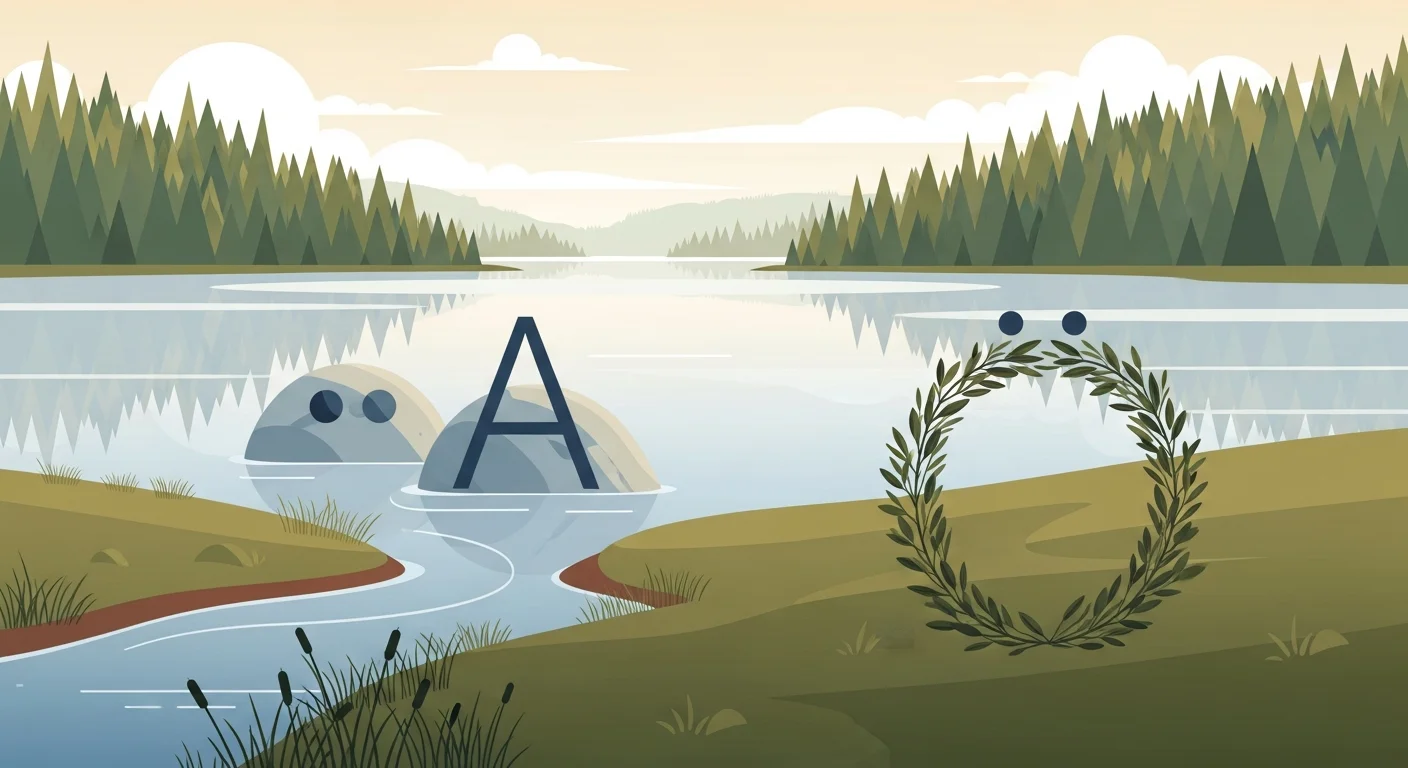 Serene Finnish landscape with abstract Ä and Ö vowel shapes, representing the sounds of nature.