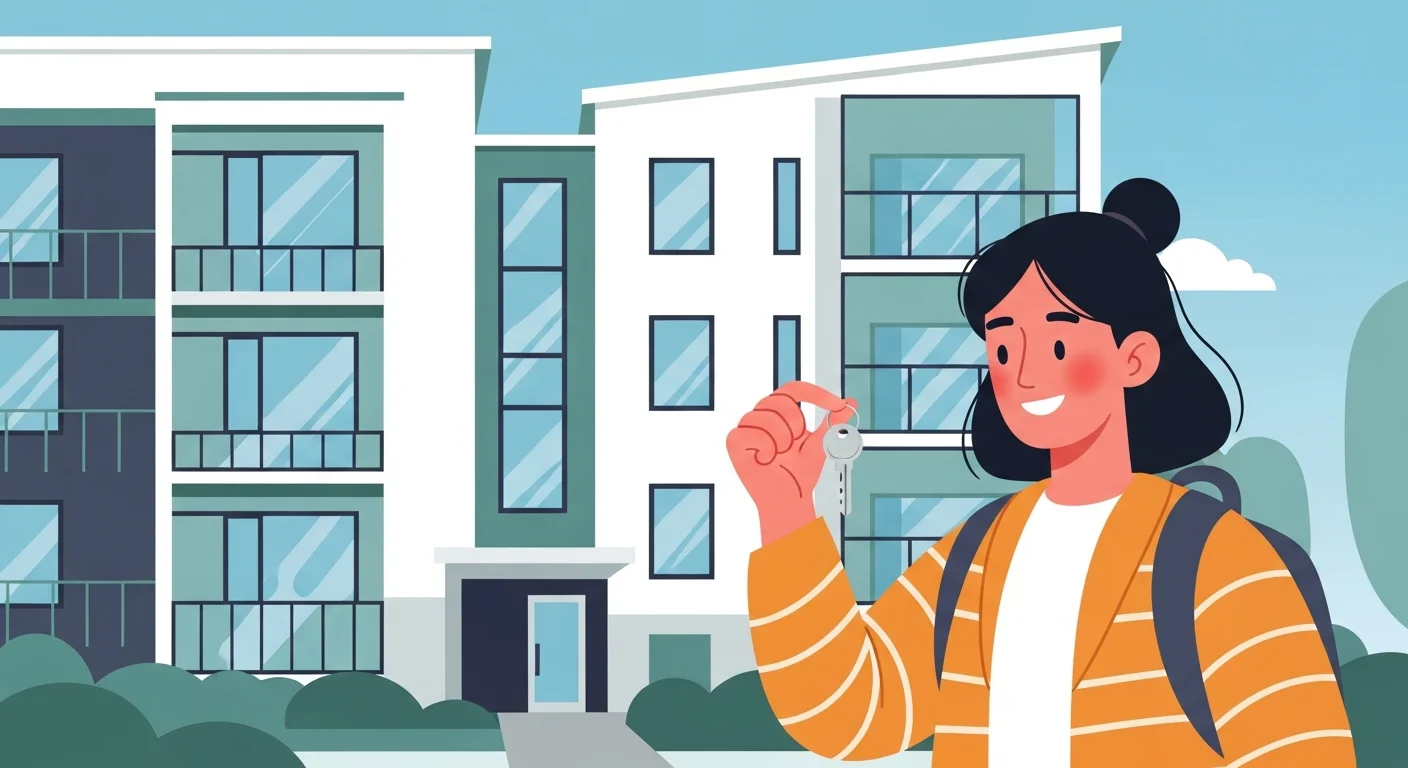 A person happily holding a key in front of a modern Finnish apartment building, with common apartment type words like "yksiö" and "kaksio" floating as thought bubbles around them. The scene is bright and welcoming.