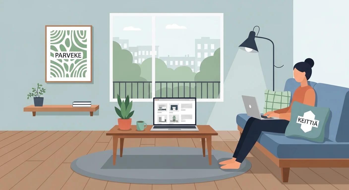 A cozy, modern Finnish apartment interior with a person sitting on a sofa, happily browsing apartment listings on a laptop. Finnish words related to home features like "keittiö" and "parveke" are subtly integrated into the furniture and decor.