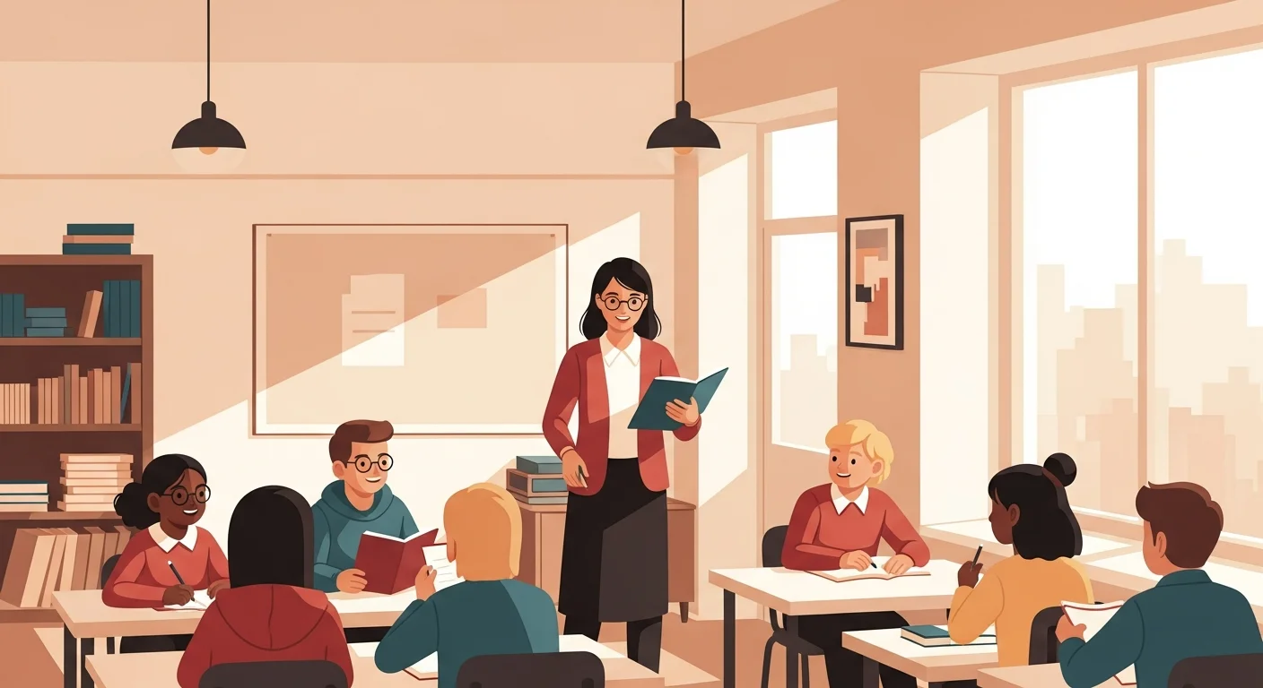 Illustration of students and a teacher in a modern Finnish classroom, learning essential Finnish school vocabulary.