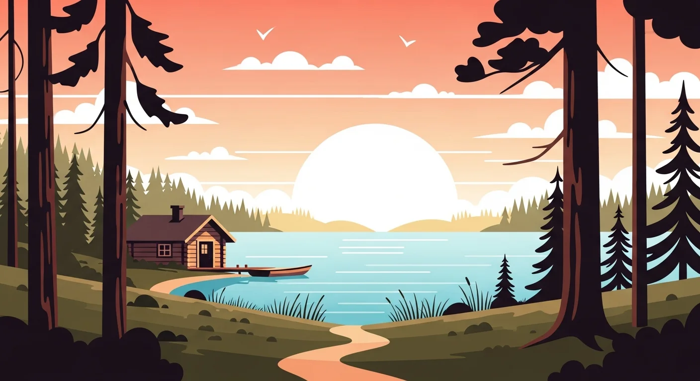 Warm illustration showing a serene Finnish lake landscape with a small wooden cottage by the shore and a forest path leading into the trees