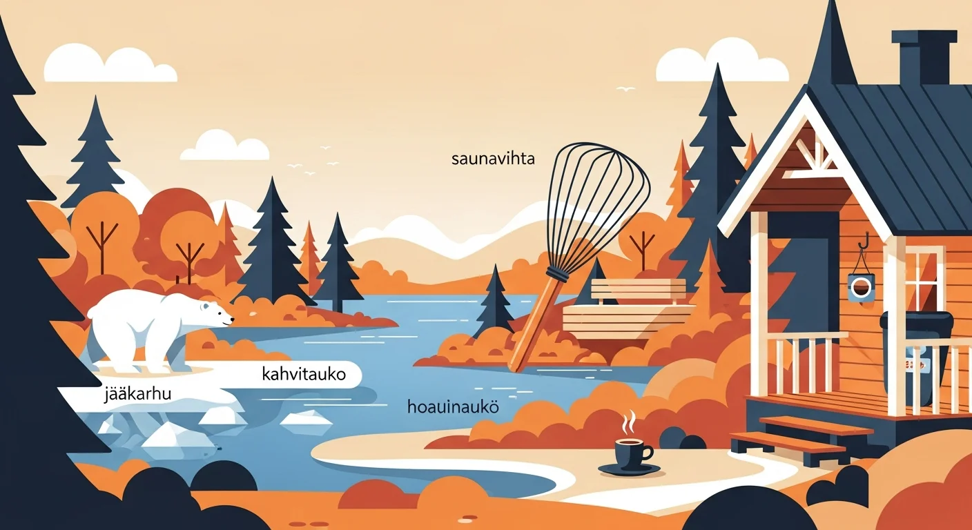 Flat-vector illustration showing Finnish compound nouns integrated into a cultural landscape, representing the building block