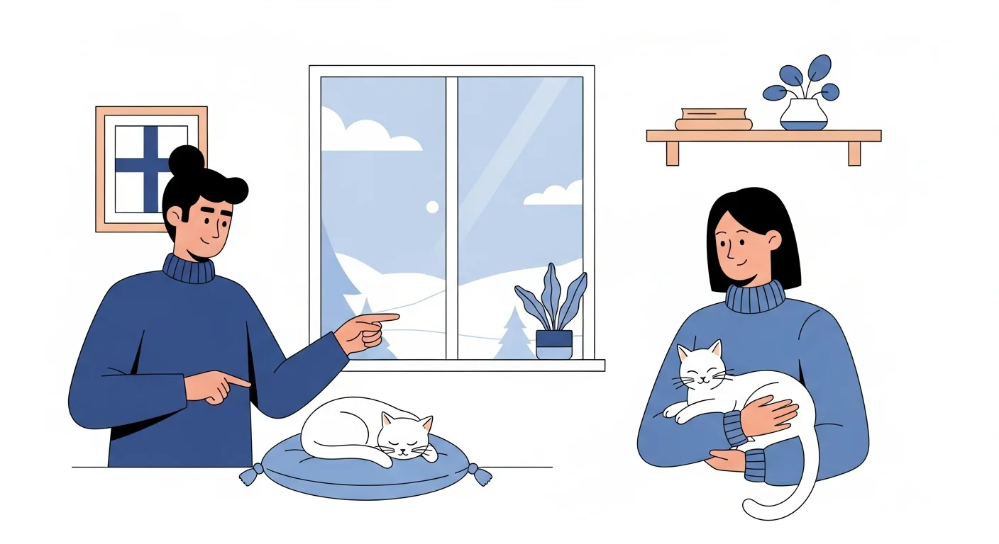 An illustration showing a Finnish person pointing to a sleeping cat (Kissa nukkuu) and another person holding a cat (Minulla on kissa), with word bubbles highlighting the different noun forms.