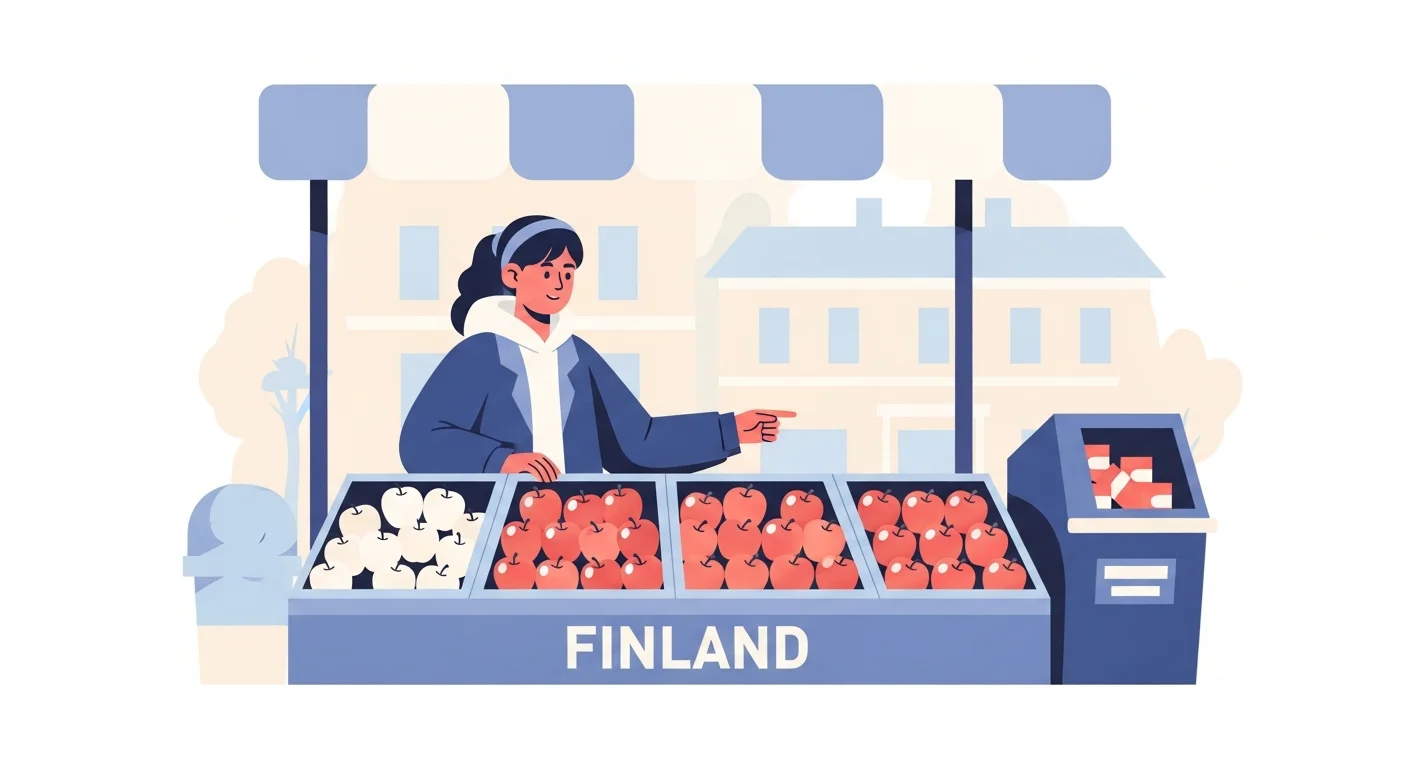 A cheerful illustration of a student at a market stall in Finland, pointing to a selection of apples, with a speech bubble showing "Syön omenaa" and "Syön omenan" for context.