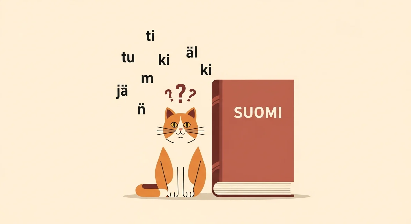 Illustration of a Finnish cat pondering noun endings to navigate definite and indefinite meanings without articles.