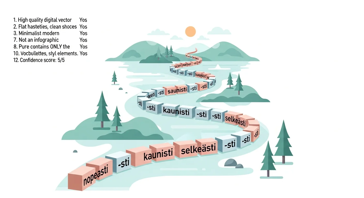 Illustration of Finnish words with '-sti' endings forming a pathway, representing sentence clarity