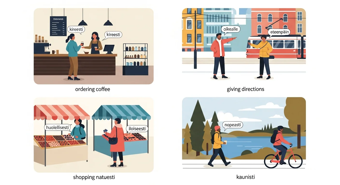 Cheerful illustration of someone using Finnish adverbs in different daily situations, like ordering coffee or giving directions