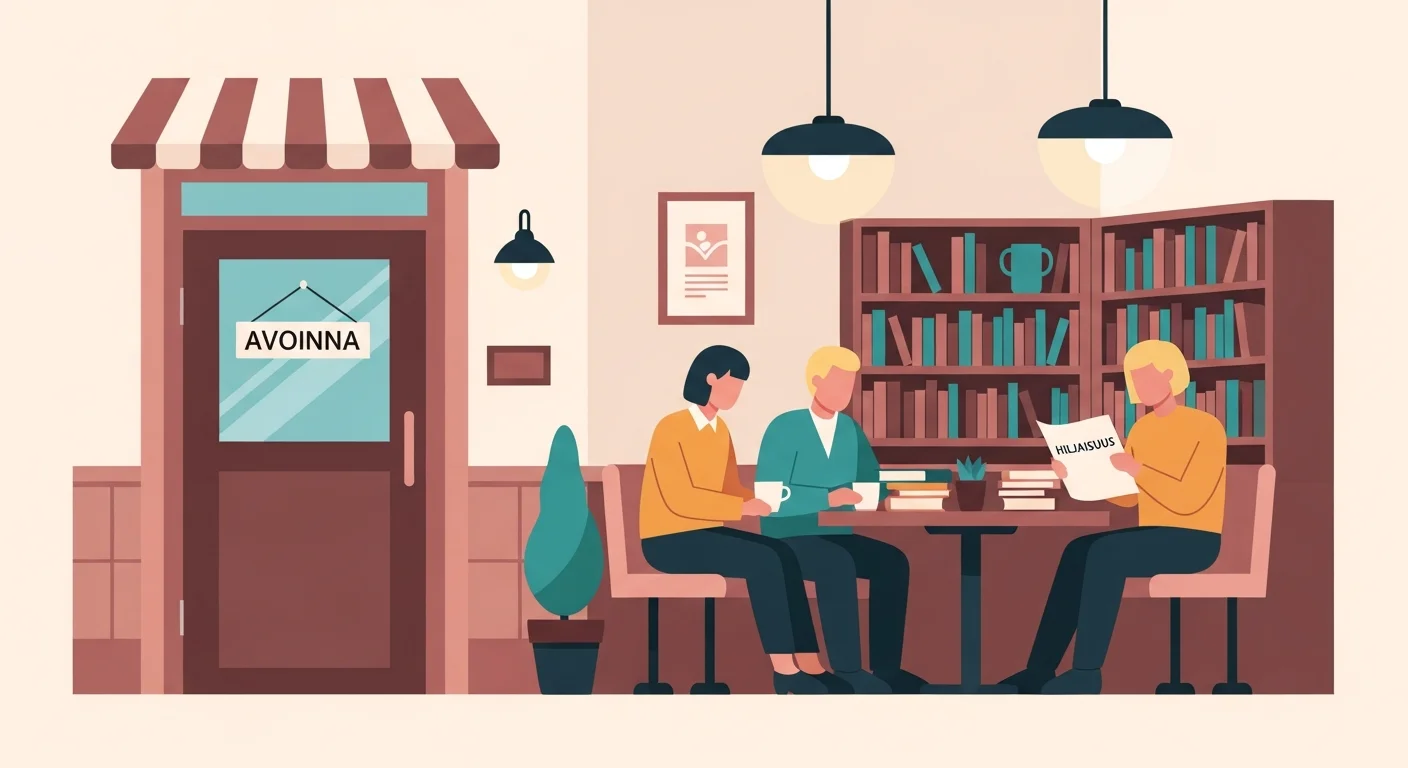 A cozy Finnish cafe scene with clearly visible "Avoinna" (Open) sign on the door, and people casually reading a "Hiljaisuus" (Silence) notice in a library corner.