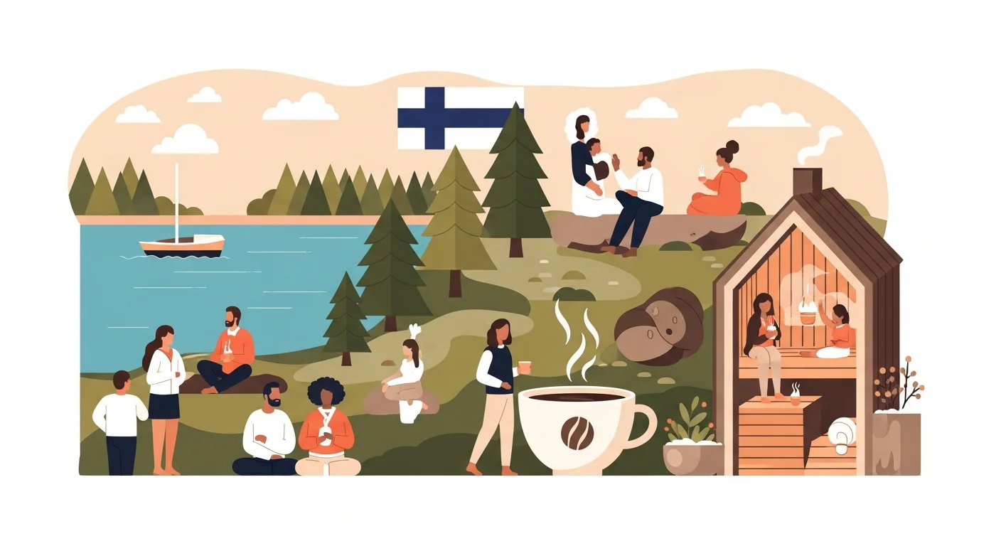 An illustration depicting Finns enjoying activities like lakeside views, forests, saunas, and coffee, representing common Fin