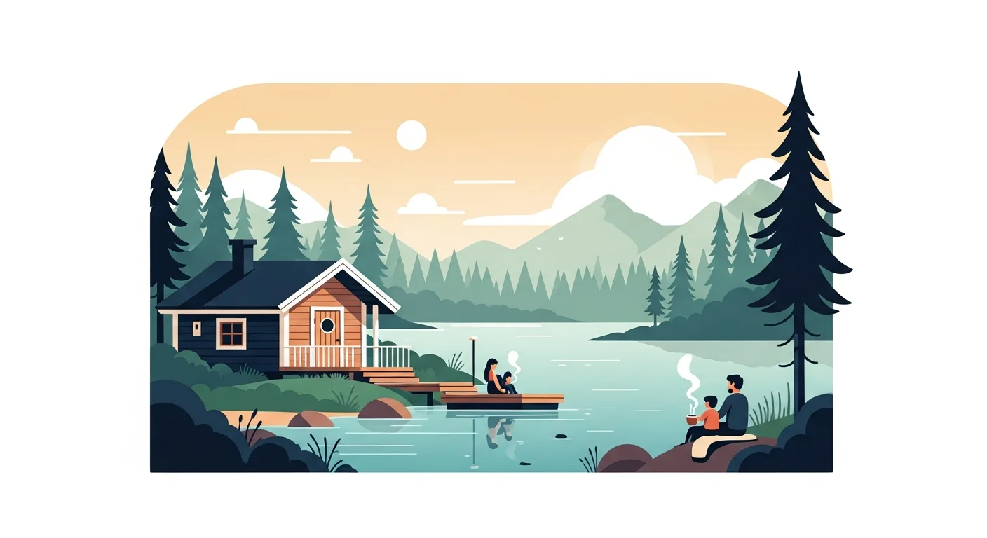 A serene illustration of a traditional Finnish lakeside cottage with a sauna by the water, surrounded by a calm forest, with a family enjoying the view and a steaming cup of coffee.