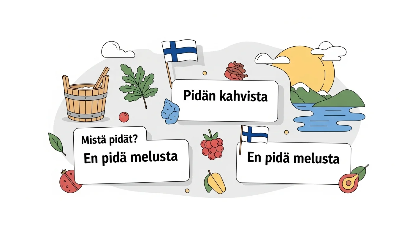 A colorful illustration of Finnish language flashcards featuring phrases like "Mistä pidät?", "Pidän kahvista," and "En pidä melusta," surrounded by small doodles of Finnish cultural elements like a sauna bucket, a berry, and a lake.